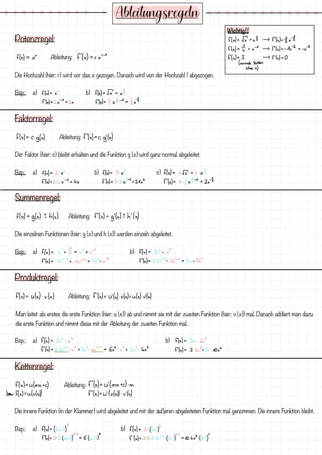 Potenzregel:
f(x) = x²
Ableitung: f'(x)=x²-1
Die Hochzahl (hier: r) wird vor das x gezogen. Danach wird von der Hochzahl I abgezogen.
Bsp: a