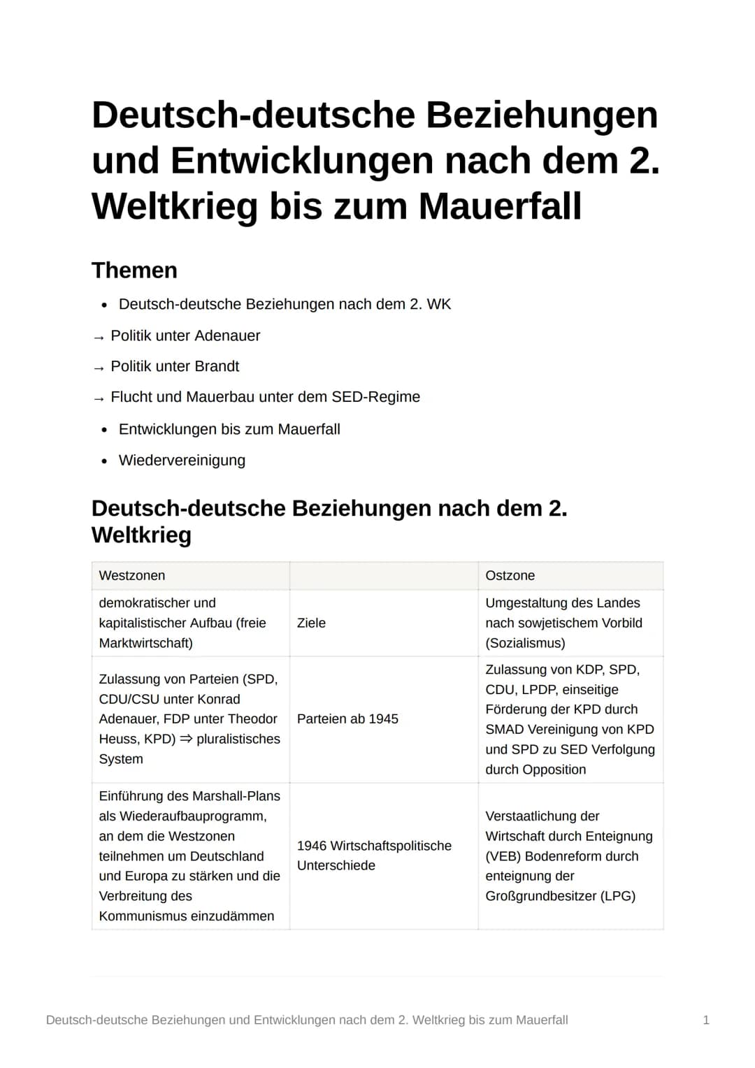 Deutsch-deutsche Beziehungen
und Entwicklungen nach dem 2.
Weltkrieg bis zum Mauerfall
Themen
• Deutsch-deutsche Beziehungen nach dem 2. WK
