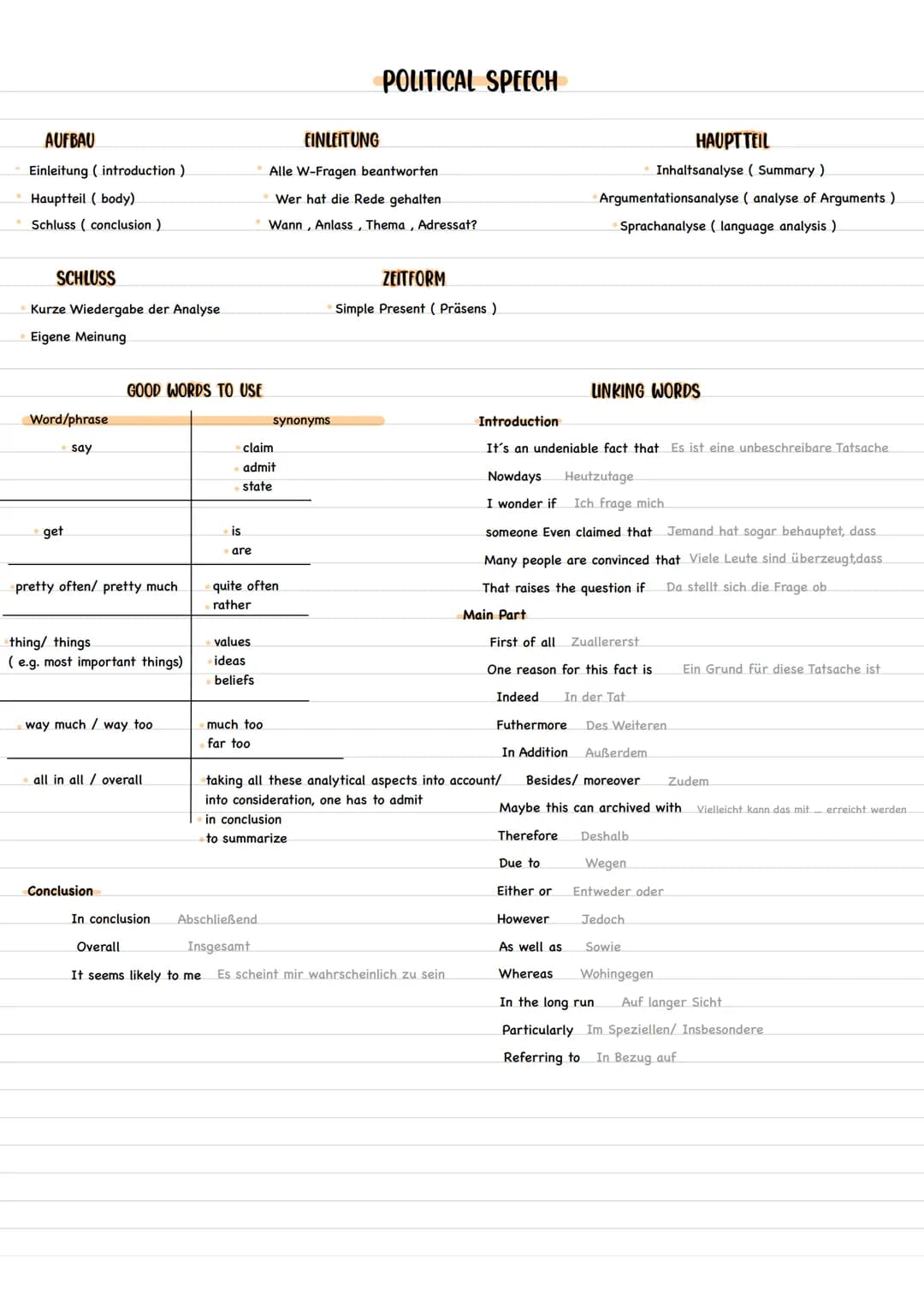 AUFBAU
Einleitung (introduction).
Hauptteil (body)
Schluss (conclusion)
SCHLUSS
Kurze Wiedergabe der Analyse
Eigene Meinung
Word/phrase
get
