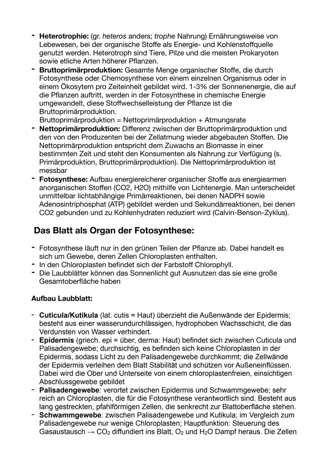 # Fotosynthese:

Bedeutung der Fotosynthese:

- Pflanzen und Prokaryoten können Biomasse, energiereiche organische
Substanzen, aus energiear