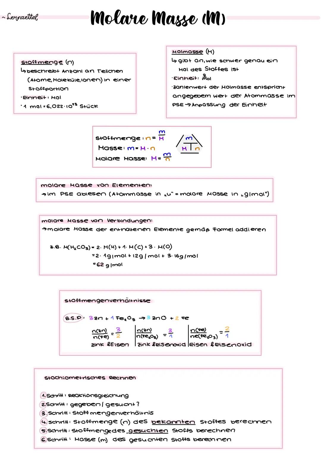 ~Lernzettel
Molare Masse (M)
Stoffmenge (n)
beschreibt Anzahl an Teilchen
(Atome, Moleküle, lonen) in einer
Stoffportion
•Einneit: Hol
1 mol