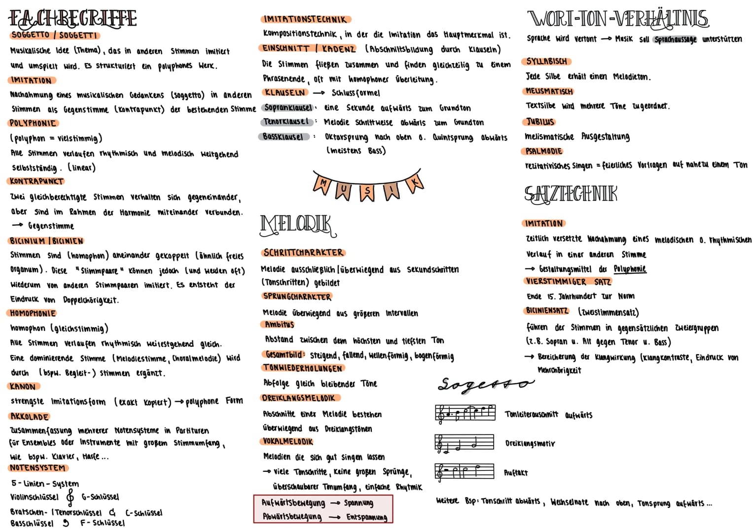FACHBEGRIFFE
SOGGETTO / SOGGETTI
Musikalische Idee (Thema), das in anderen Stimmen imitiert
und umspielt wird. Es strukturiert ein polyphone