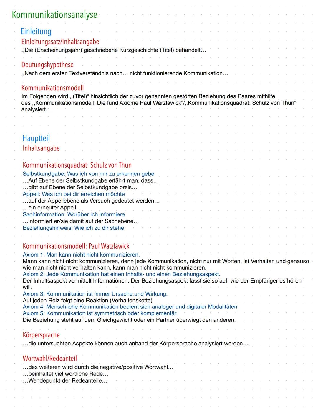 Kommunikationsanalyse
Einleitung
Einleitungssatz/Inhaltsangabe
,,Die (Erscheinungsjahr) geschriebene Kurzgeschichte (Titel) behandelt...
Deu