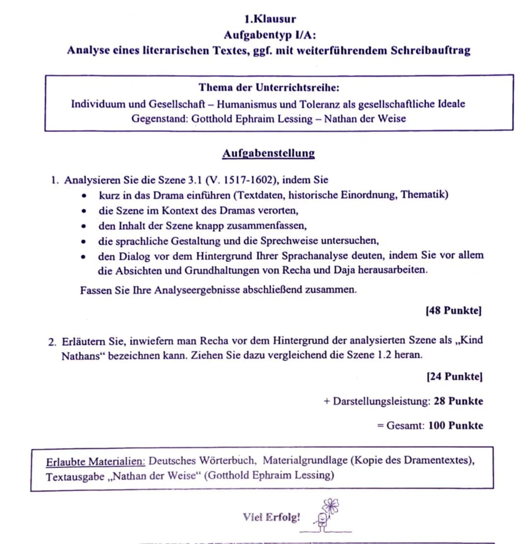 Deutschklausur Dr. A
Die vorliegende Szene Sternt
aus dem Drama,, Nathan der
Wise, welches con Gotthold
Ephraim Cessing verfasst
und 1779 ve