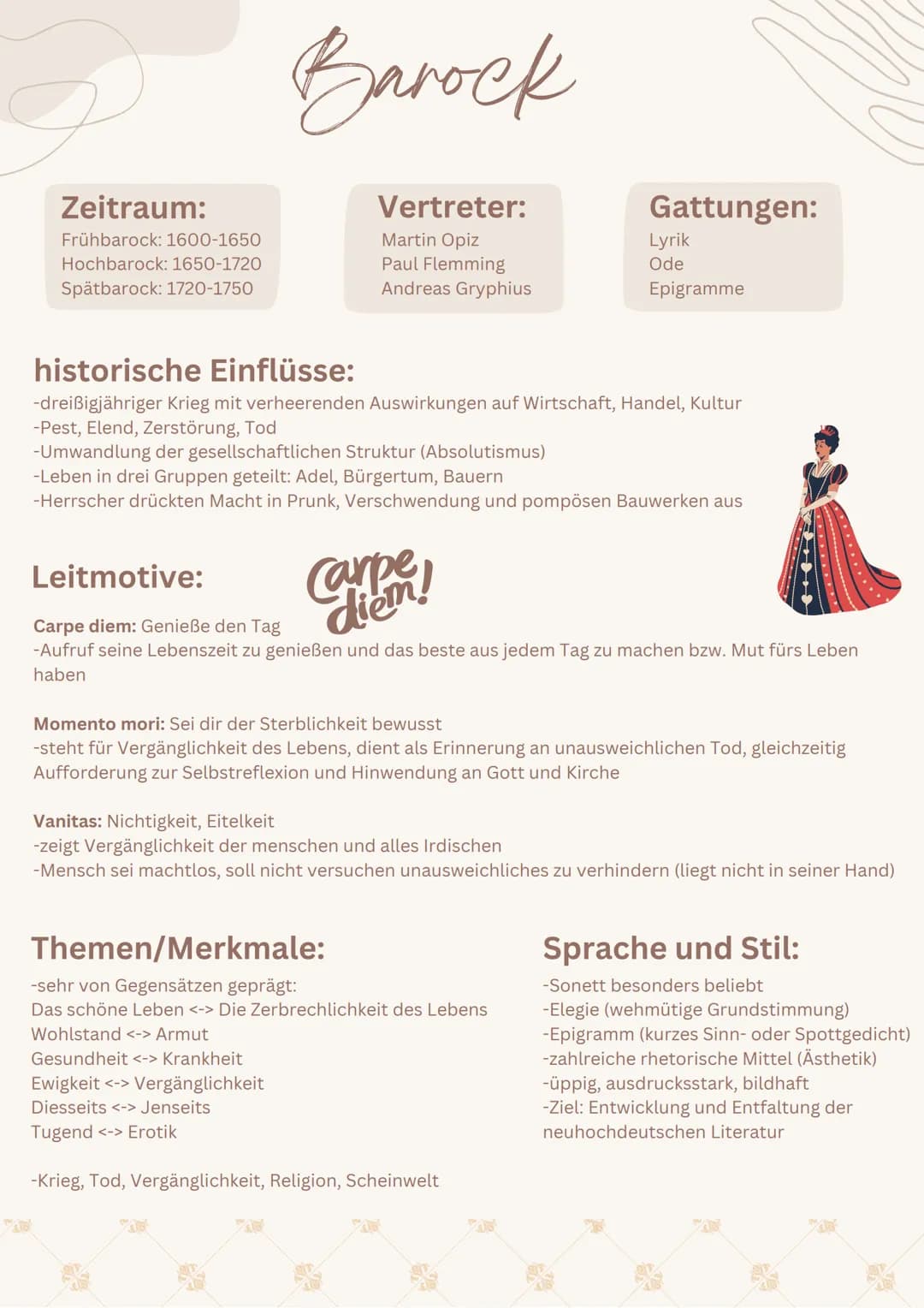 Zeitraum:
Frühbarock: 1600-1650
Hochbarock: 1650-1720
Spätbarock: 1720-1750
Barock
Vertreter:
Martin Opiz
Paul Flemming
Andreas Gryphius
Gat