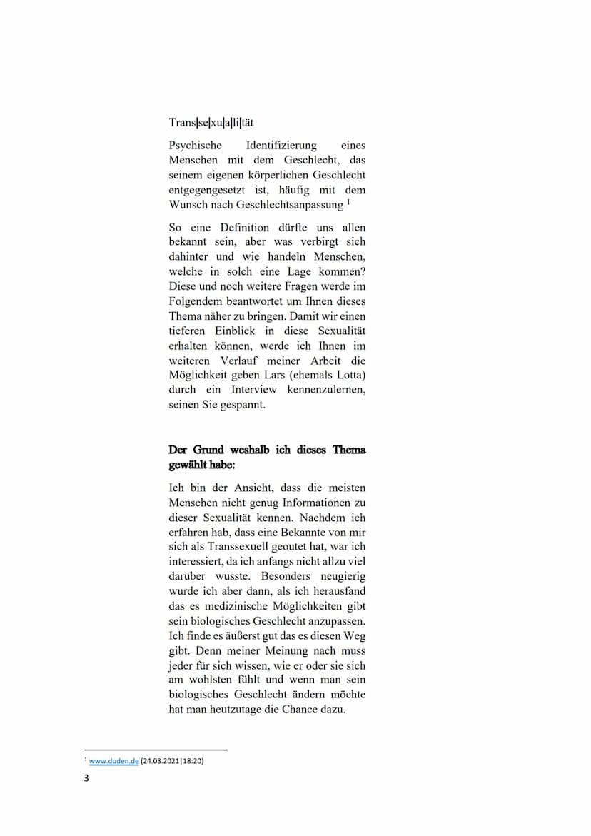 
<h2 id="einleitung">Einleitung</h2>
<p>Transsexualität bezieht sich auf die psychische Identifizierung eines Menschen mit dem Geschlecht, d