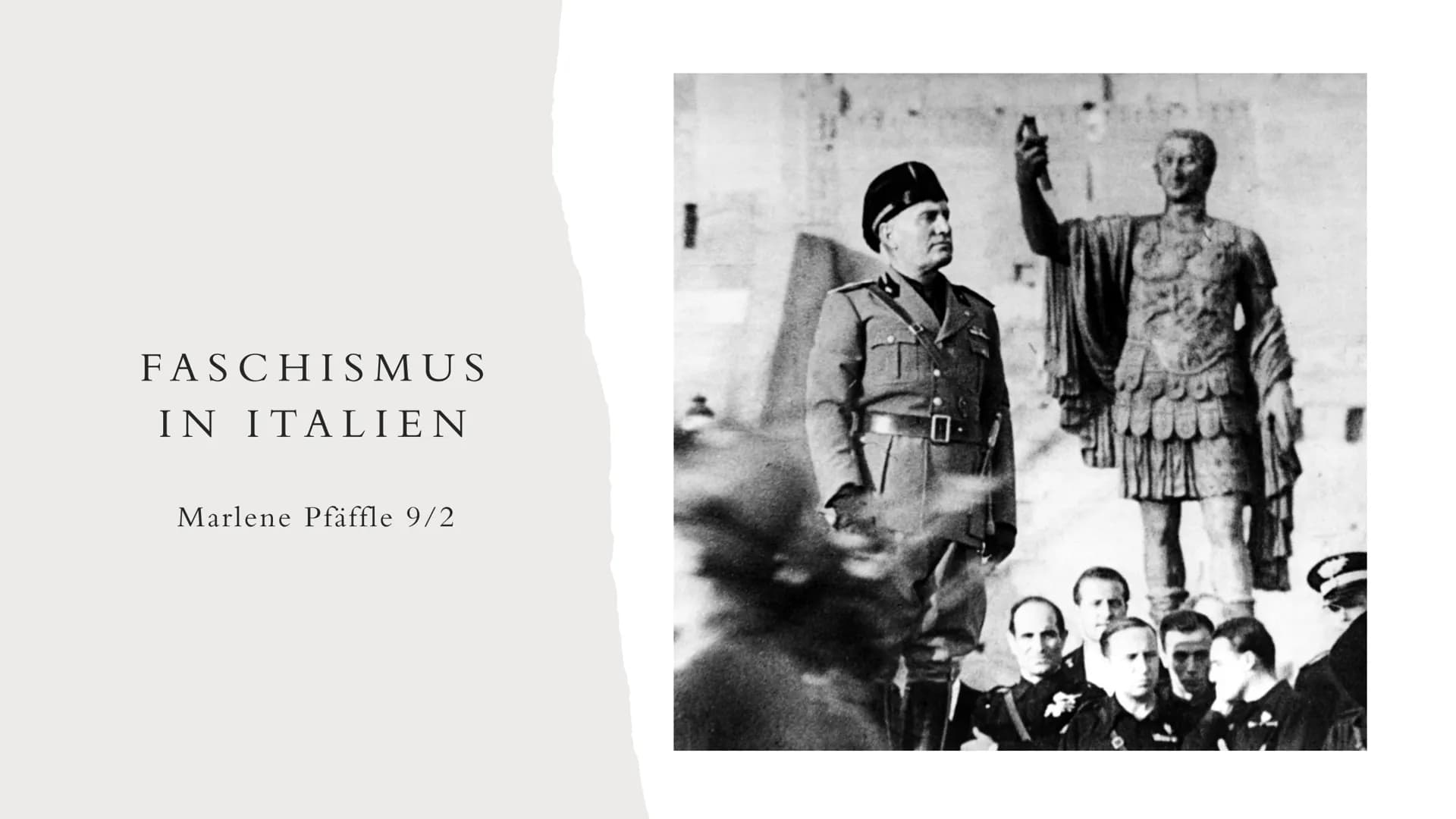 FASCHISMUS
IN ITALIEN
Marlene Pfäffle 9/2
0 GLIEDERUNG
1. Definition
2. Aufstieg
3. Benito Mussolini
4. Marsch auf Rom
5. Errichtung der Dik