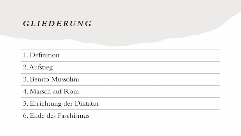 FASCHISMUS
IN ITALIEN
Marlene Pfäffle 9/2
0 GLIEDERUNG
1. Definition
2. Aufstieg
3. Benito Mussolini
4. Marsch auf Rom
5. Errichtung der Dik