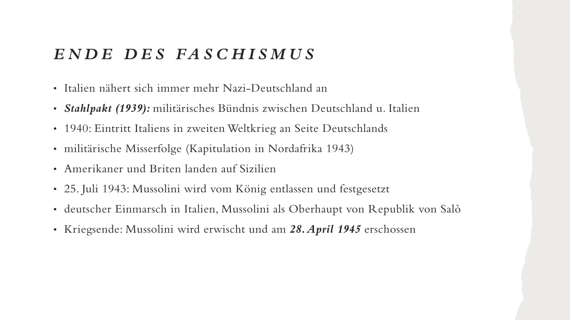 FASCHISMUS
IN ITALIEN
Marlene Pfäffle 9/2
0 GLIEDERUNG
1. Definition
2. Aufstieg
3. Benito Mussolini
4. Marsch auf Rom
5. Errichtung der Dik