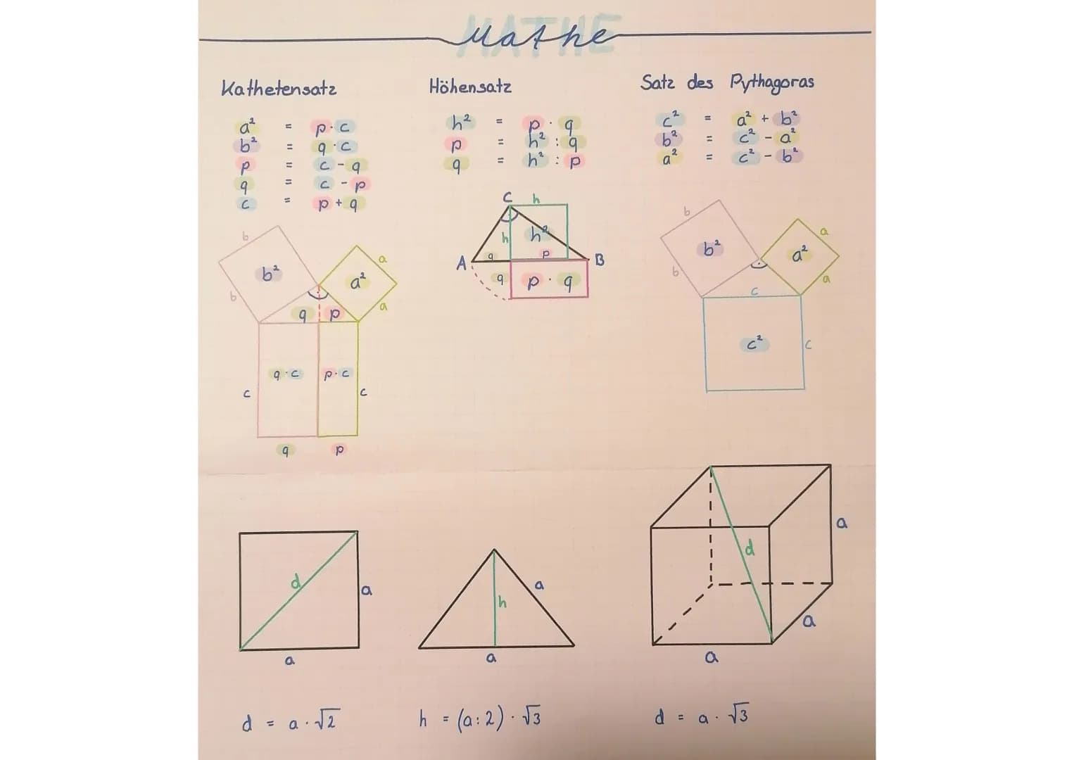 Kathetensatz
böbrou
a²
b²
Р =
9
C
b
=
C
=
9.c
q
p.c
9.c
c-q
a
с
p + q
9 p
-P
p.c
p
d = a√2
C
a
a
Mathe
Höhensatz
h²
p
9
=
q
C
hl
9
n
: 9
h² 