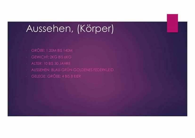 Pfau Inhalt
AUSSEHEN, KÖRPER
VORKOMMEN
NAHRUNG
QUELLEN Aussehen, (Körper)
GRÖBE: 1,20M BIS 140M
GEWICHT: 2KG BIS 6KG
ALTER: 10 BIS 30 JAHRE
