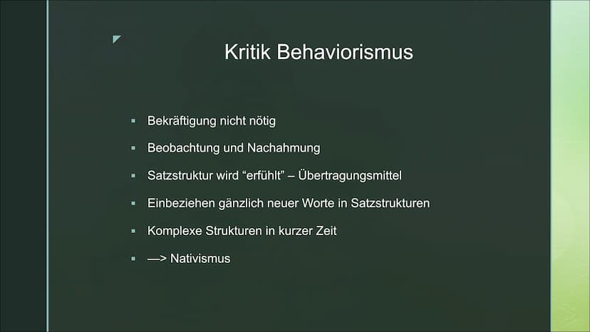 Deutsch
Spracherwerbs
modell ■
■
Stufen des Spracherwerbs
Spracherwerbsmodelle:
Behaviorismus
Kritik Behaviorismus
Nativismus
Inhaltsverzeic