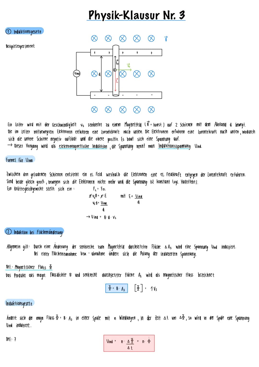 1 Induktionsgesetz
Beispielexperiment
(Vind
Physik-Klausur Nr. 3
+
X
D
Def.: 7
· Tu
+
+
Ein Leiter wird mit der Geschwindigkeit vs senkrecht