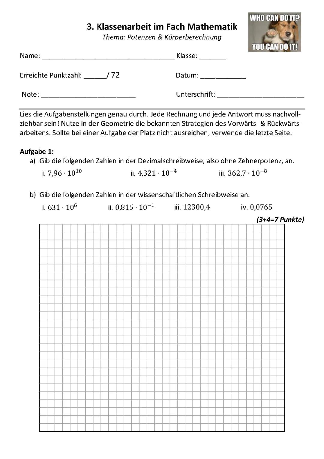 Klassenarbeit zum Thema Potenzen & Körperberechnung