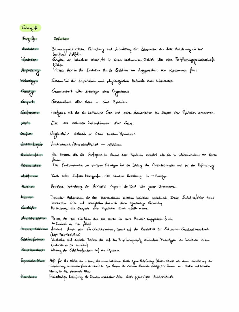 Biologie Fachbegriffe
Begriffe:
Evulution
Population
Anpassung
Phänotyp.
Genotyp
Genpool
Genfrequenz
Allel
Genfluss
Variabilität (overged)
E