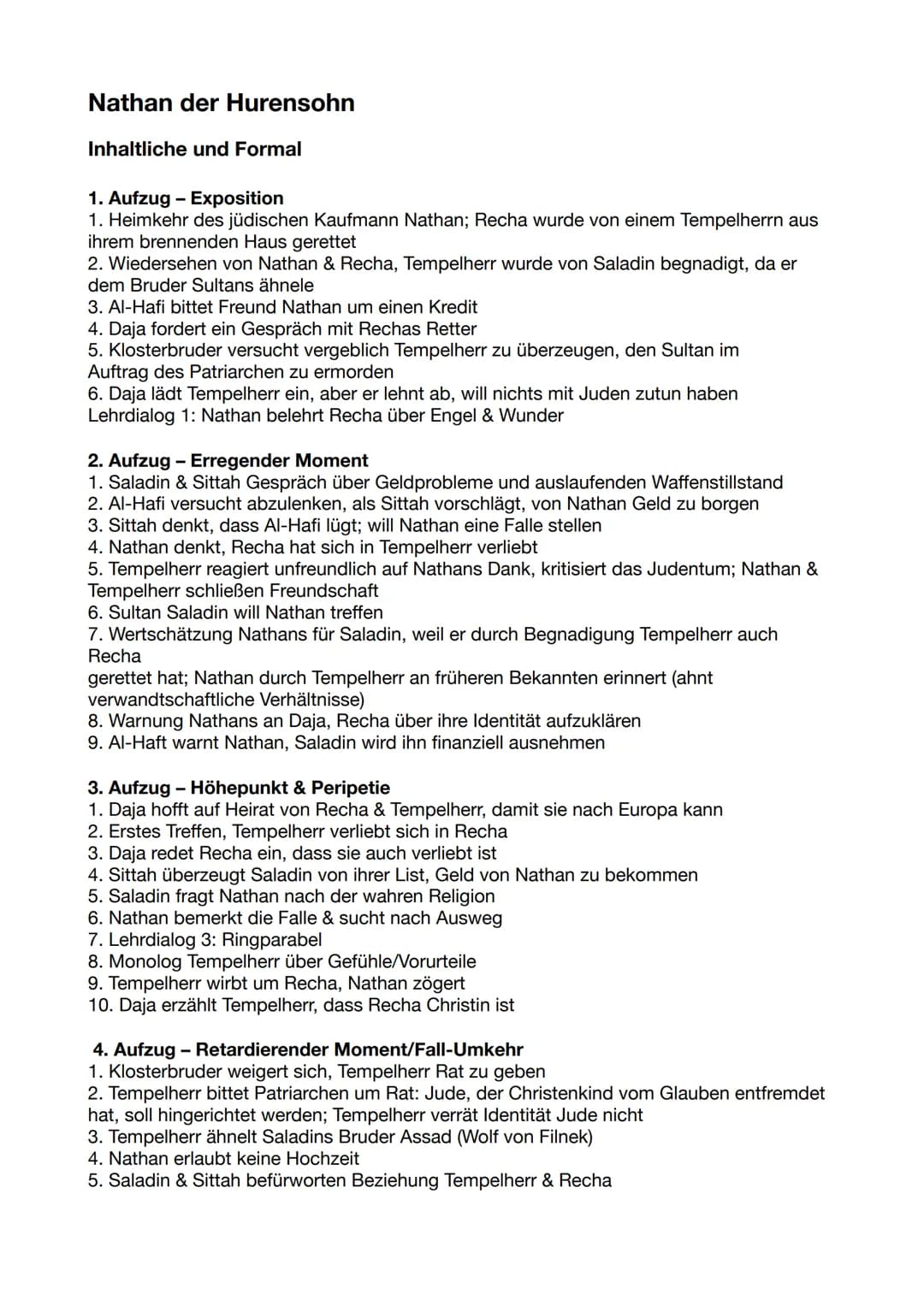 Nathan der Hurensohn
Inhaltliche und Formal
1. Aufzug - Exposition
1. Heimkehr des jüdischen Kaufmann Nathan; Recha wurde von einem Tempelhe
