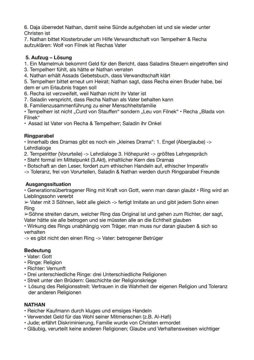 Nathan der Hurensohn
Inhaltliche und Formal
1. Aufzug - Exposition
1. Heimkehr des jüdischen Kaufmann Nathan; Recha wurde von einem Tempelhe