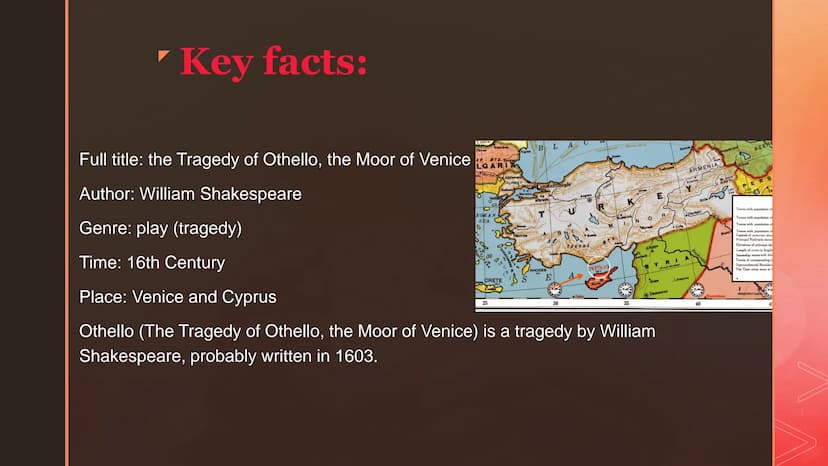 OTHELLO
Joudi
19/1
WILLIAM SHAKESPEARE
20.03.2021 '
Introductions:
Key facts
main characters
1.
2.
3. Themes
4. sources 'Key facts:
1800.
Pe
