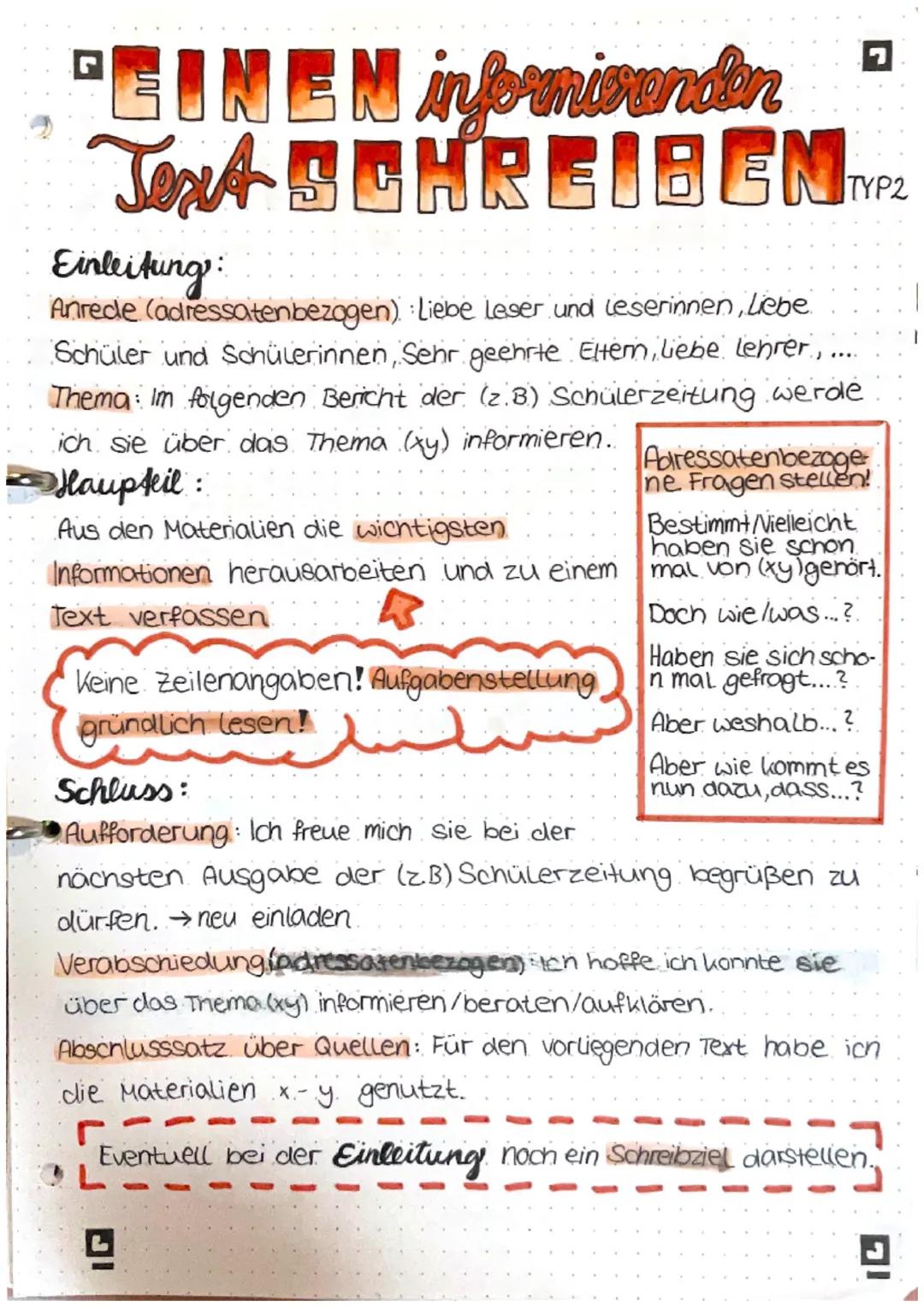 # EINEN informierenden
Text SCHREIBEN TYP2

Einleitung:

Anrede (adressatenbezogen) : Liebe Leser und Leserinnen, Liebe
Schüler und Schüleri