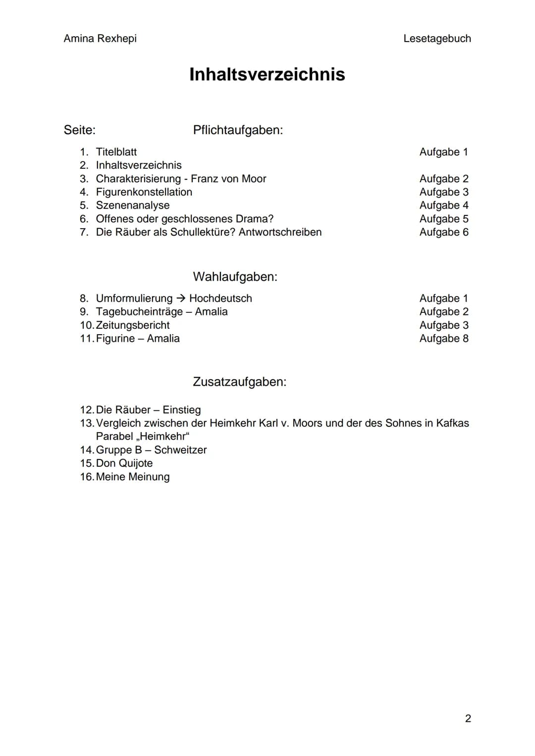 Von Friedrich Schiller
ww
NEE T
KEY
POPEV
888
DIE
RÄUBER
Vm6is
ymsls
Calamy
VIESIS
INT
1 Amina Rexhepi
Seite:
Inhaltsverzeichnis
Pflichtaufg