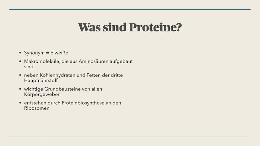 Proteine Übersicht
- Was sind Proteine?
- Aufbau
- Aufgaben
- Eiweißmangel Was sind Proteine? Was sind Proteine?
●
Synonym = Eiweiße
• Makro