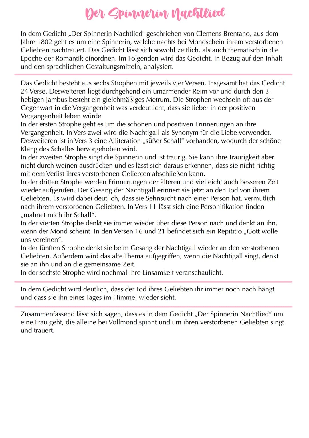 Der Spinnerin Nachtlied
In dem Gedicht ,,Der Spinnerin Nachtlied" geschrieben von Clemens Brentano, aus dem
Jahre 1802 geht es um eine Spinn