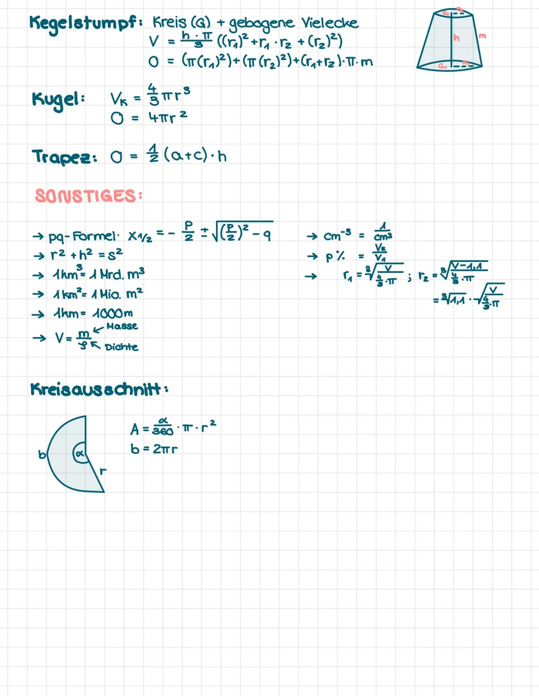 Geometrie - Formelsammlung
Kreis. U = πT d= 2π r
A = TT r²
O
Prismen: zwei zueinander kongruente & parallele
Vielecke (G) + Rechtecke (M)
.
