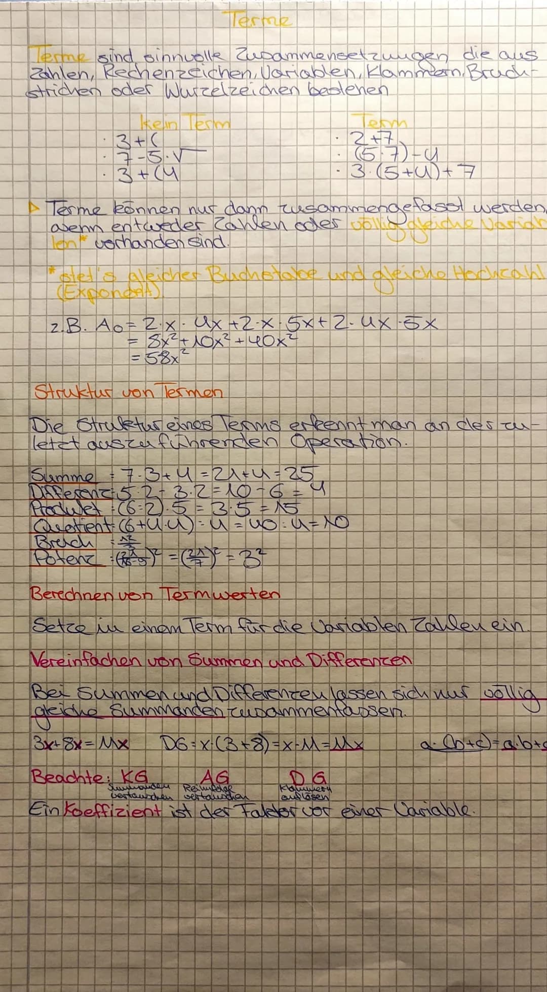 Terme sind sinnvolle Zusammensetzungen die aus
Zahlen, Rechenzeichen, Variablen, Klamman, Bruck-
strichen oder Wurzelzeichen bestehen.
Terme