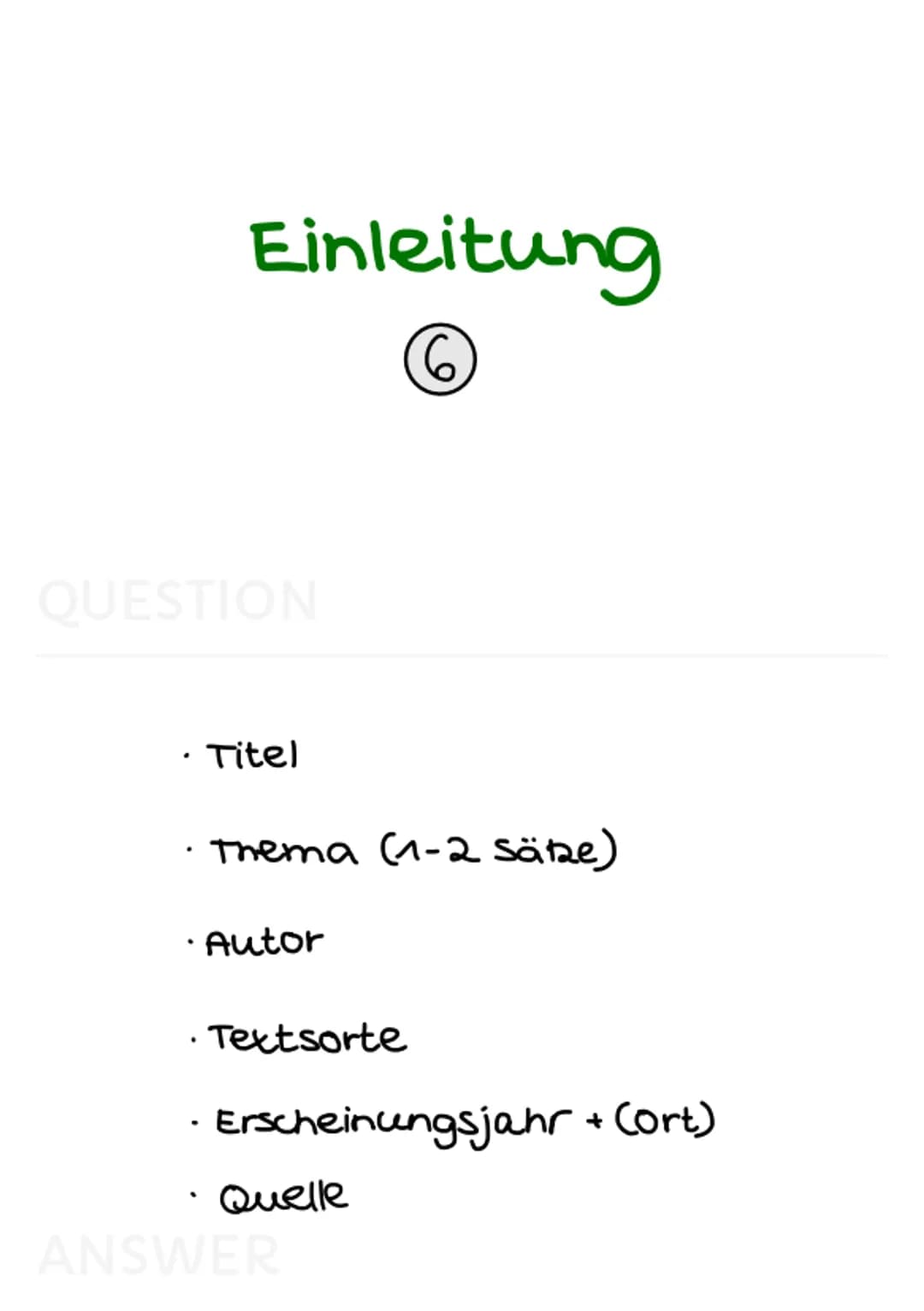 sachtextanalyse
(pragmatische Texte) Aufbau Sachtextanalyse
allgemein (6)
QUESTION
· Einleitungssatz (TTATQE)
knappe Einführung ins Thema
(m