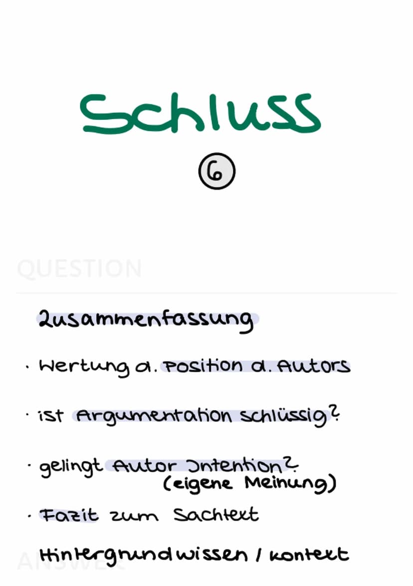 sachtextanalyse
(pragmatische Texte) Aufbau Sachtextanalyse
allgemein (6)
QUESTION
· Einleitungssatz (TTATQE)
knappe Einführung ins Thema
(m