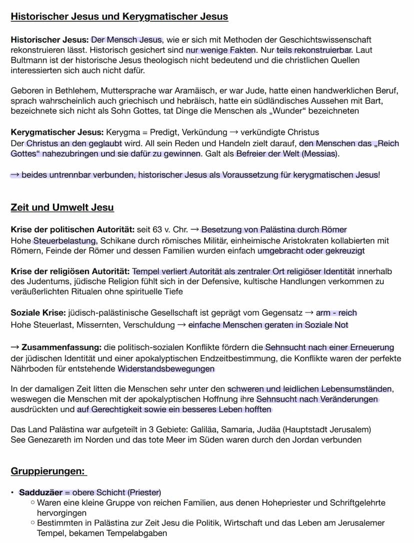 Religion Lernzettel
Wichtig für die Klausur: 2 Quellen Theorie, Historischer Jesus und Kerygmatischer Christus und Zeit
und Umwelt Jesu
Begi