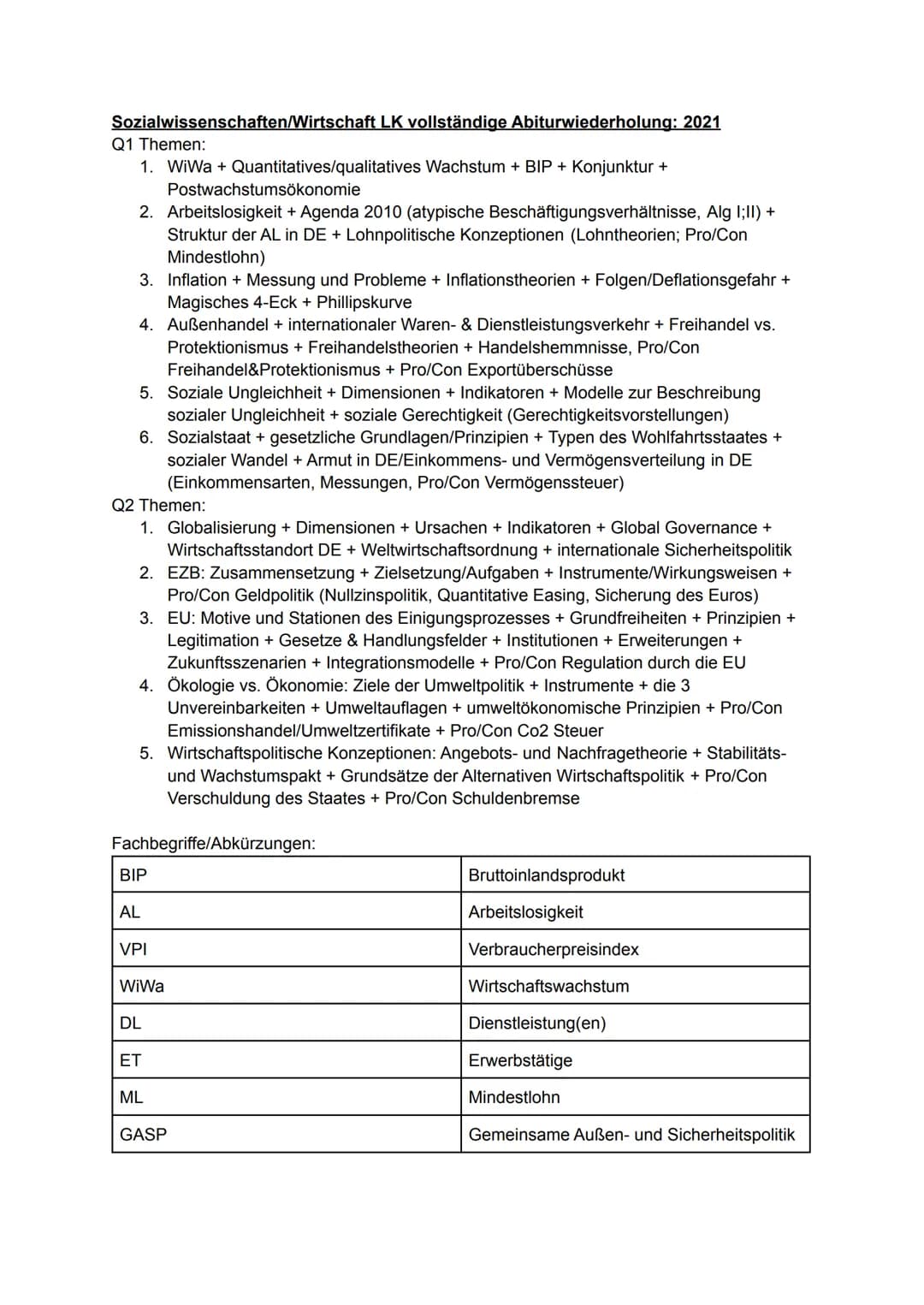 Sozialwissenschaften/Wirtschaft LK vollständige Abiturwiederholung: 2021
Q1 Themen:
1. WiWa + Quantitatives/qualitatives Wachstum + BIP + Ko