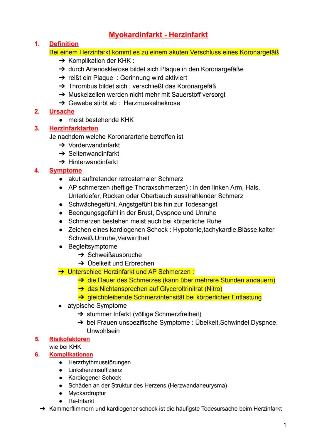 1.
2.
3.
4.
5.
6.
Definition
Bei einem Herzinfarkt kommt es zu einem akuten Verschluss eines Koronargefäß
→ Komplikation der KHK:
→ durch Ar