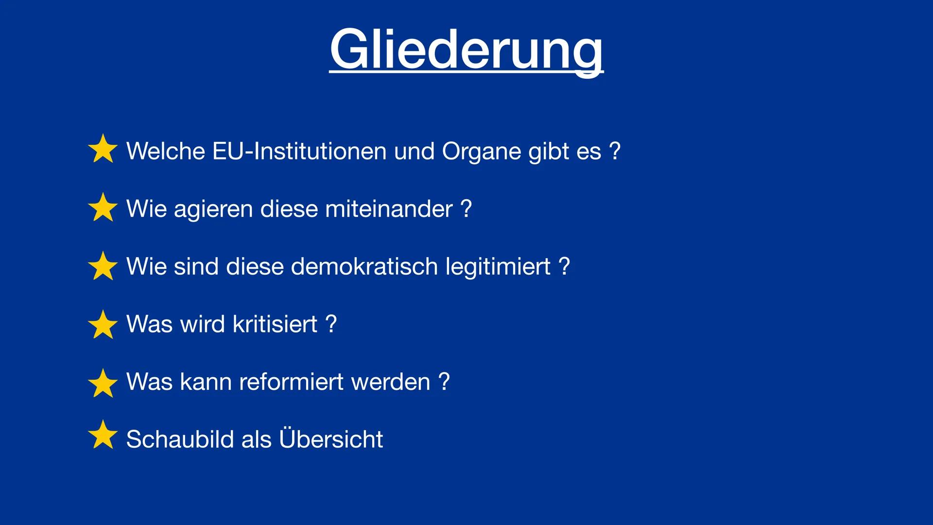 Das Institutionsgefüge
der Europäischen Union # Gliederung

*   Welche EU-Institutionen und Organe gibt es ?

*   Wie agieren diese miteinan
