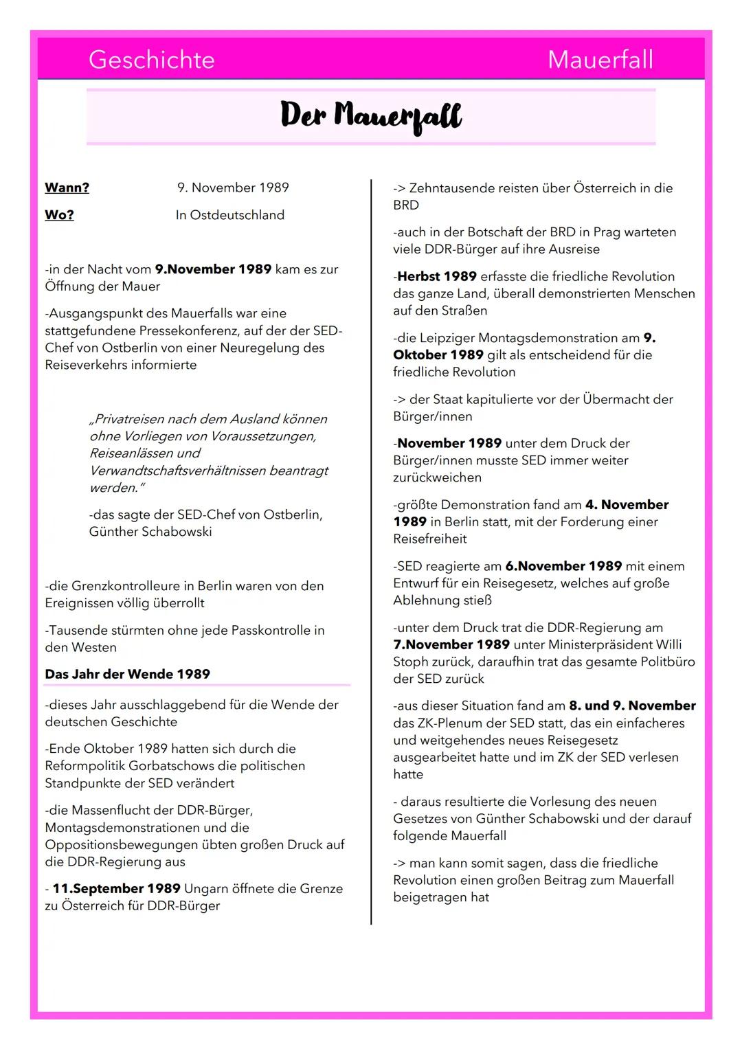 # Geschichte

# Der Mauerfall

Mauerfall

Wann?

Wo?

9. November 1989

In Ostdeutschland

-in der Nacht vom 9.November 1989 kam es zur
Öffn