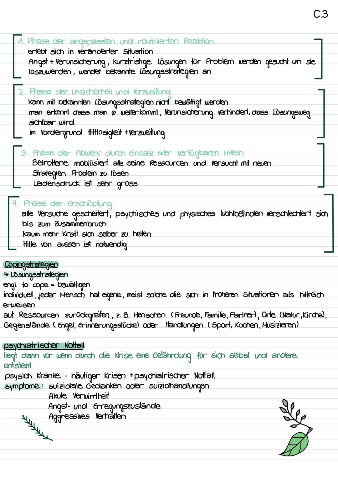 C.3
# Krisensituationen
Krise Bedeutung
griechisch Krisis = Entscheidung oder entscheidende Wendung
entstehen meist in Lebenslagen die schwi
