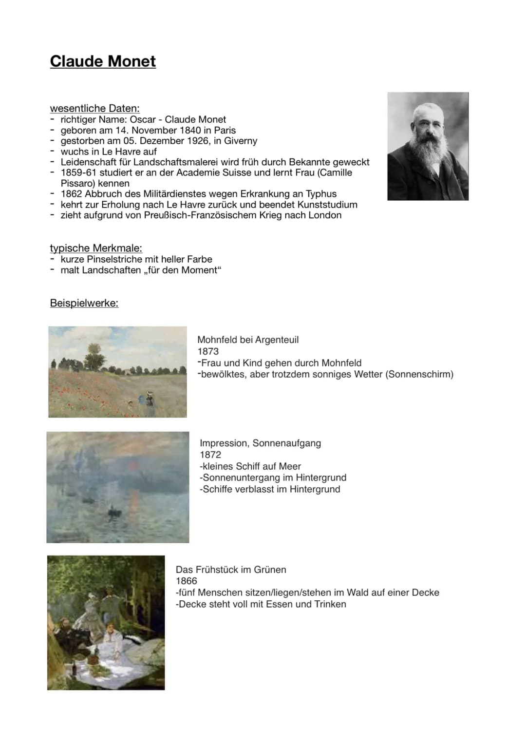 Claude Monet
wesentliche Daten:
- richtiger Name: Oscar - Claude Monet
geboren am 14. November 1840 in Paris
gestorben am 05. Dezember 1926,
