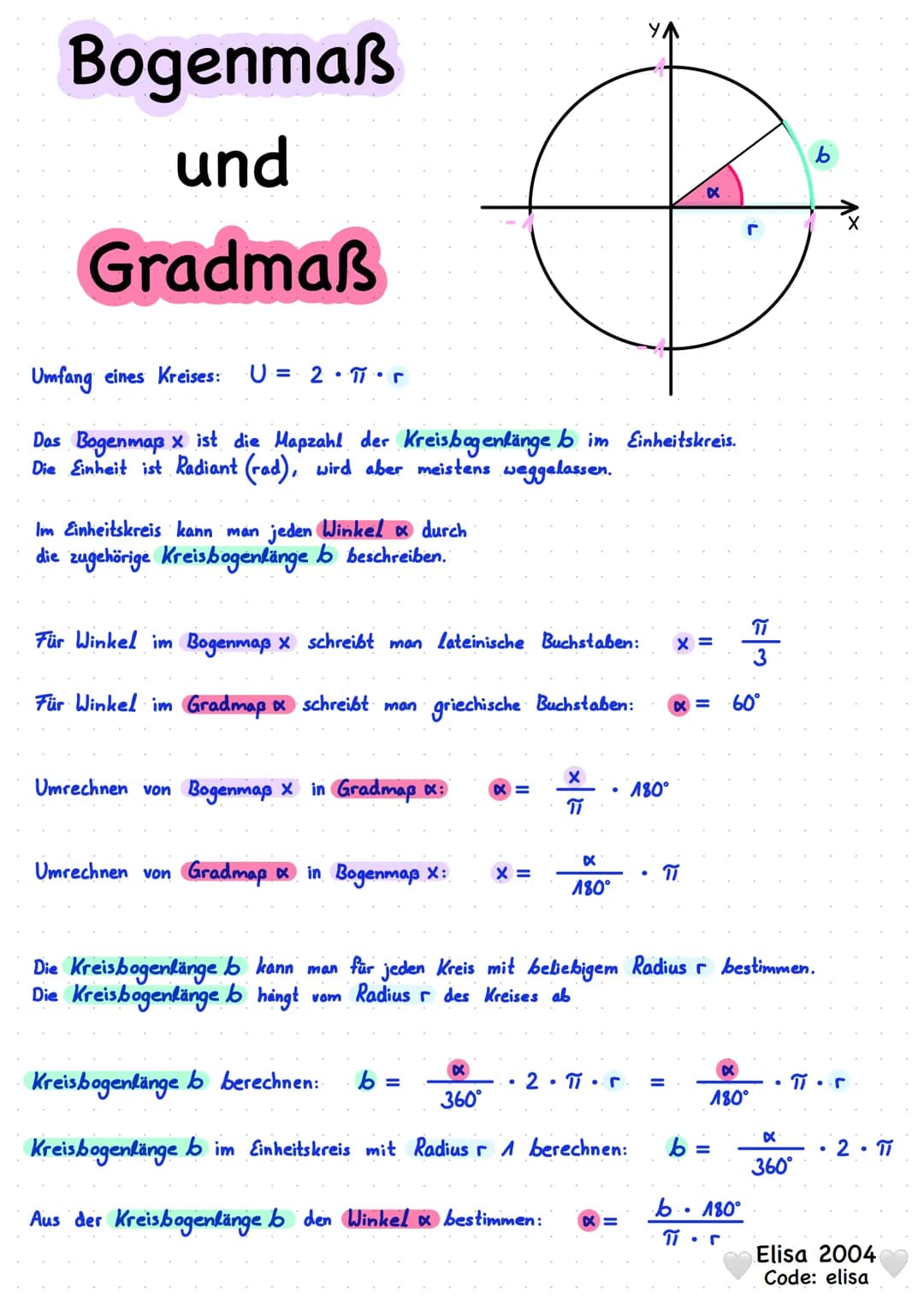 Bogenmaß
und
Gradmaß
Im Einheitskreis kann man jeden Winkel & durch
die zugehörige Kreisbogenlänge b beschreiben.
Umfang eines Kreises: U= 2