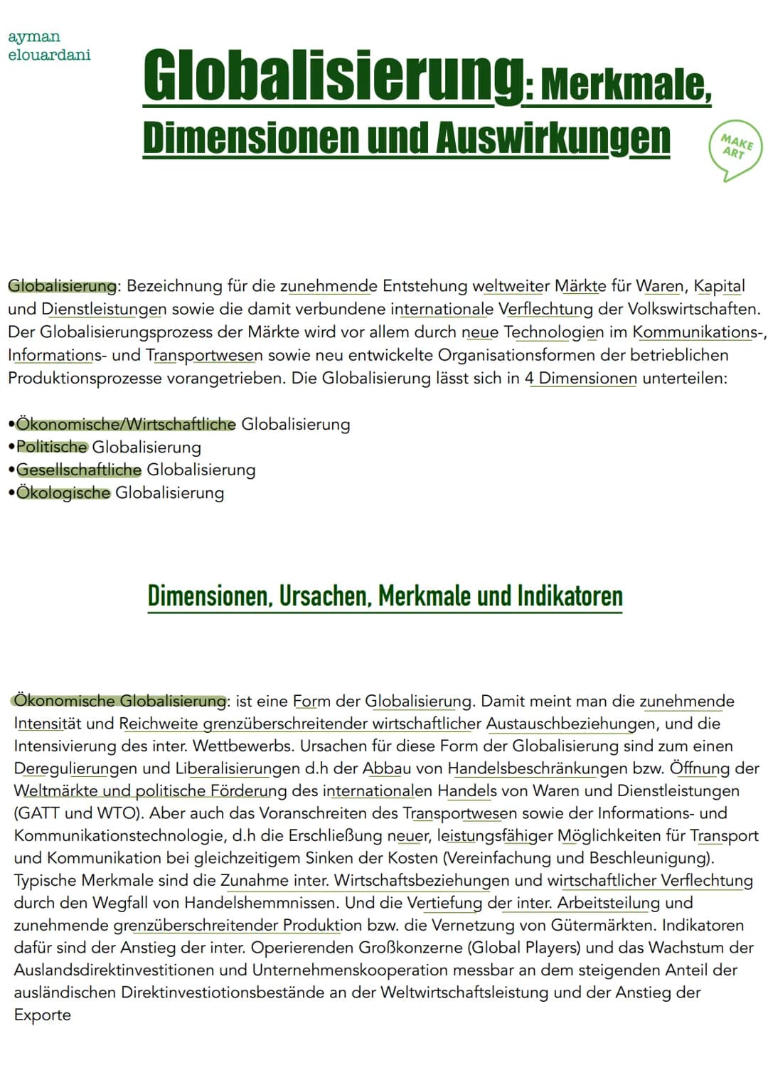 ayman
elouardani
Globalisierung: Merkmale,
Dimensionen und Auswirkungen
Globalisierung: Bezeichnung für die zunehmende Entstehung weltweiter