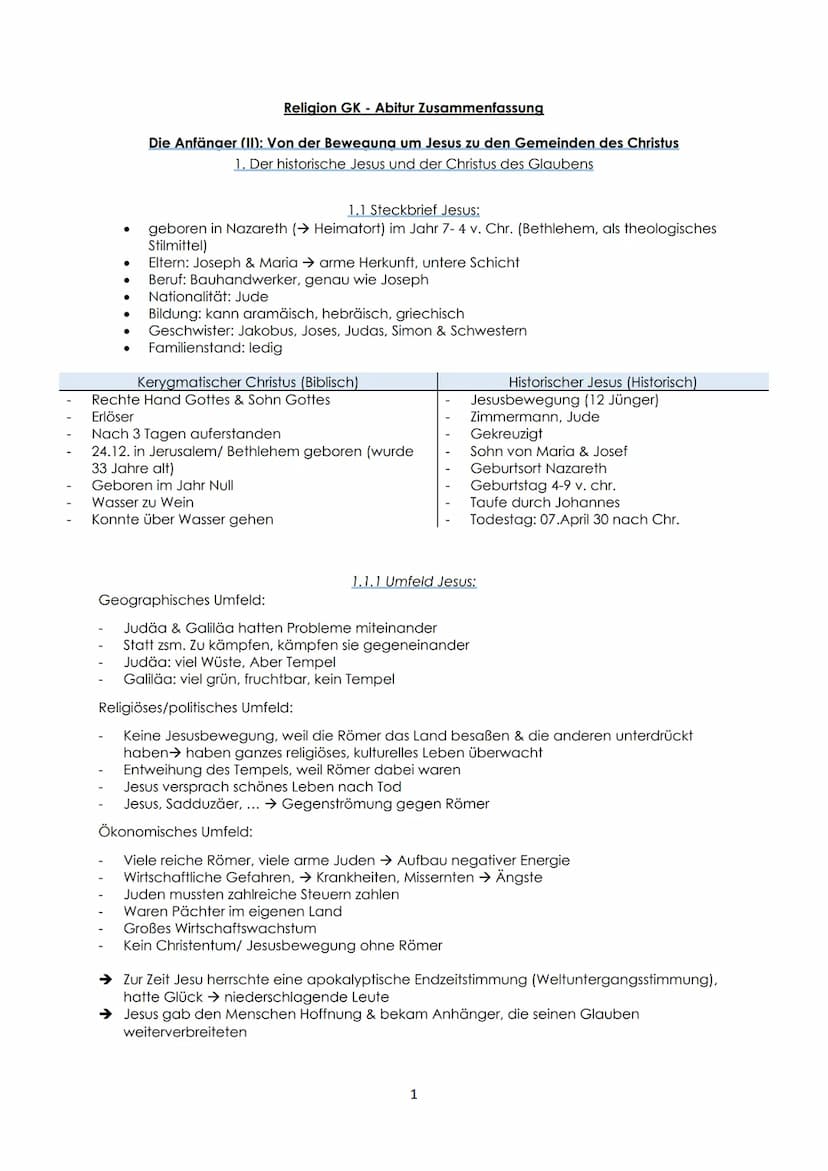 Religion GK - Abitur Zusammenfassung
Inhaltsverzeichnis
Die Anfänger (II): Von der Bewegung um Jesus zu den Gemeinden des Christus.
1. Der h