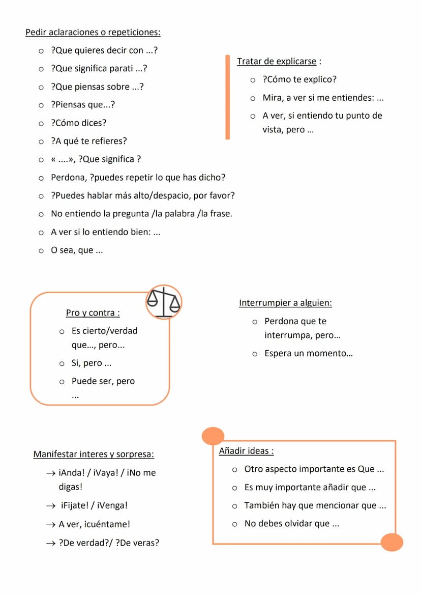 + Frases útiles - conversación
,,No (lo) entiendo":
→no (lo) comprendo
→ no me queda claro
→ no te capto
→ no te sigo
→ no lo pillo
Gracias: