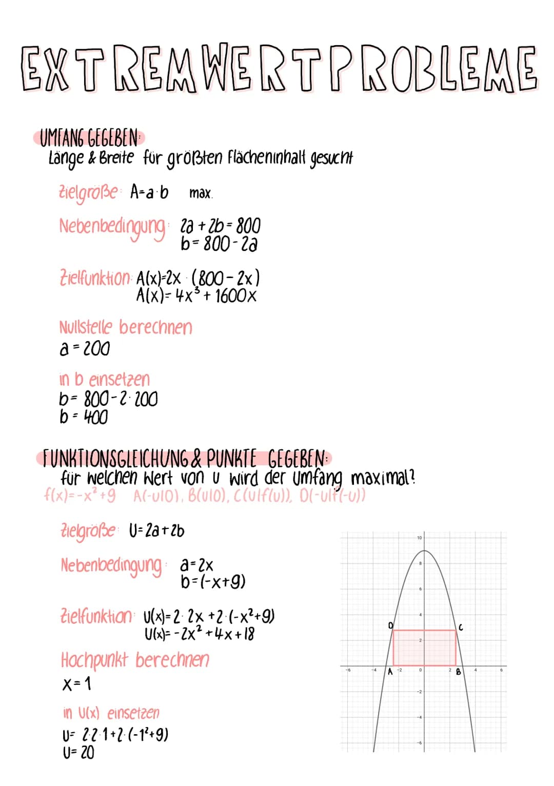EXTREMWERTPROBLEME
UMFANG GEGEBEN
Lange & Breite für größten Flächeninhalt gesucht
Zielgroße A-a b
Nebenbedingung
Zielfunktion A(x)=2x-(800-