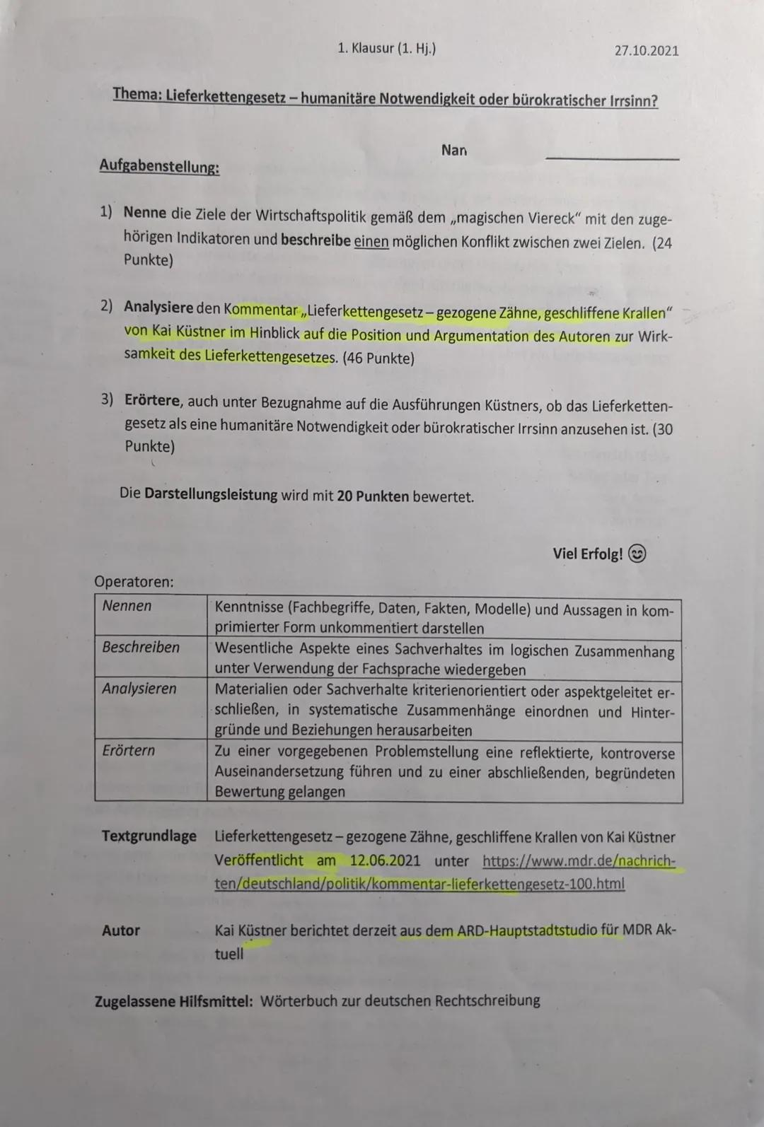 Aufgabenstellung:
Thema: Lieferkettengesetz-humanitäre Notwendigkeit oder bürokratischer Irrsinn?
1) Nenne die Ziele der Wirtschaftspolitik 