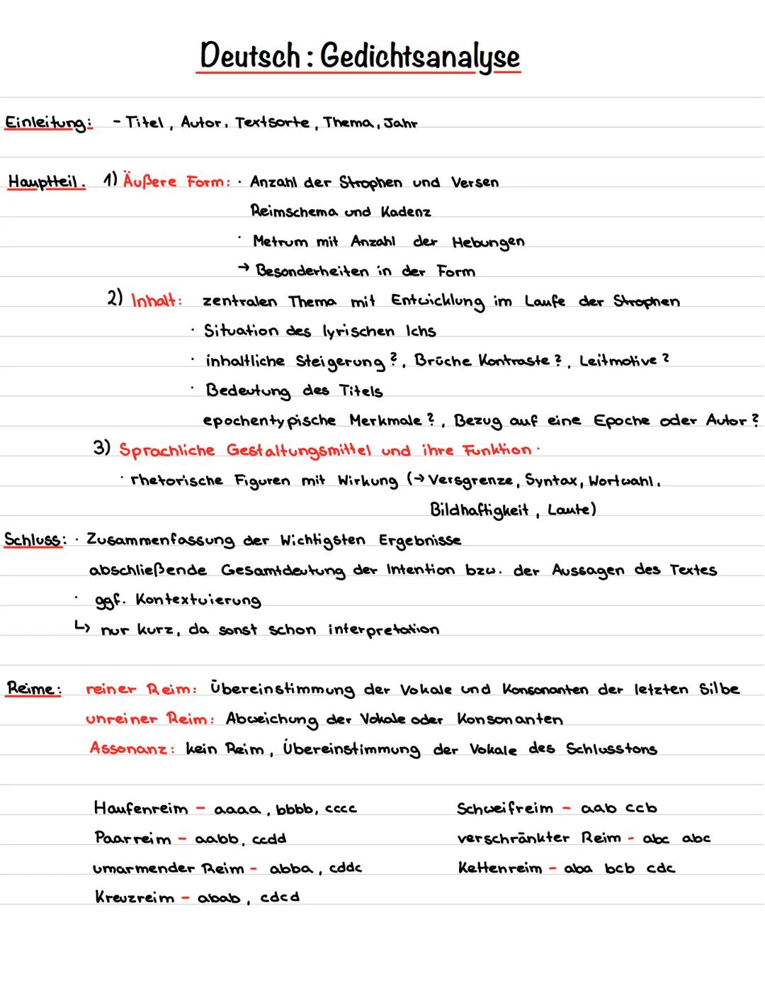 Einleitung: -Titel, Autor, Textsorte, Thema, Jahr
Hauptteil. 1) Äußere Form: Anzahl der Strophen und Versen
Reimschema und Kadenz
Metrum mit