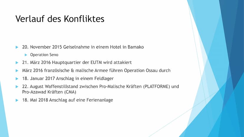 Der Mali Konflikt
Quelle: wikipedia.org Gliederung
Allgemeine Informationen
►Welche Konfliktparteien gibt es
Auslösung des Konfliktes
Verlau