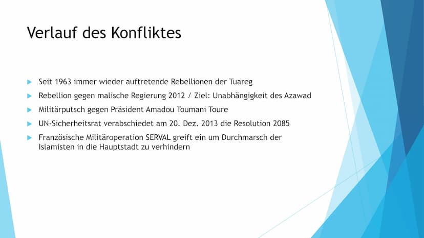 Der Mali Konflikt
Quelle: wikipedia.org Gliederung
Allgemeine Informationen
►Welche Konfliktparteien gibt es
Auslösung des Konfliktes
Verlau