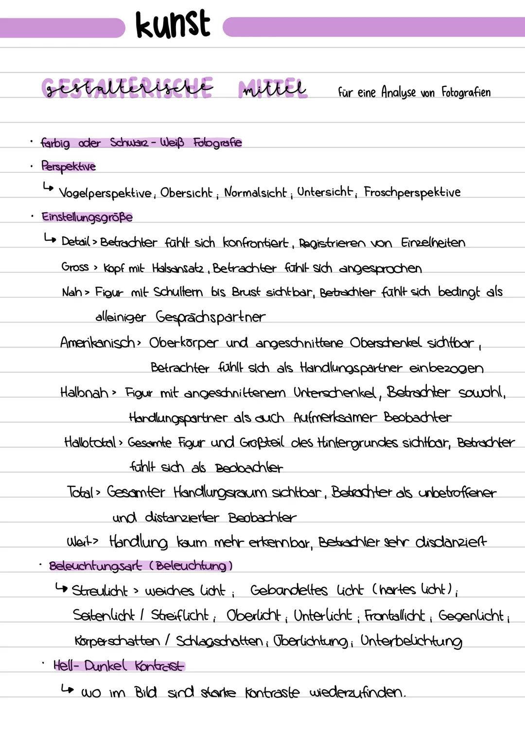 # kunst

gestalterische mittel für eine Analyse von Fotografien

- farbig oder Schwarz-Weiß Fotografie
- Perspektive
- Vogelperspektive, Obe