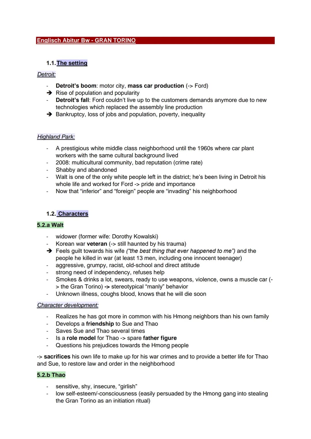 Englisch Abitur Bw - GRAN TORINO
1.1. The setting
Detroit:
Detroit's boom: motor city, mass car production (-> Ford)
→ Rise of population an