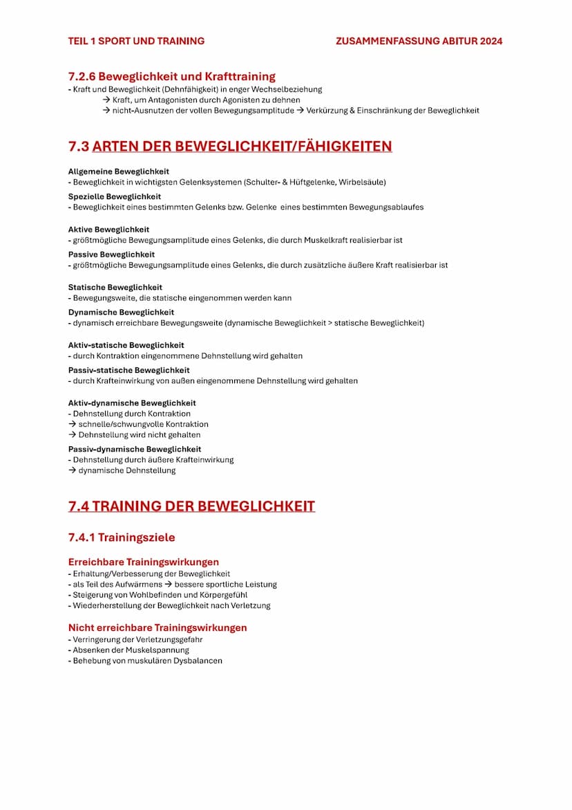 TEIL 1 SPORT UND TRAINING
ZUSAMMENFASSUNG ABITUR 2024
7. BEWEGLICHKEIT
7.1 BEDEUTUNG DER BEWEGLICHKEIT
Beweglichkeit ist die Fähigkeit, Bewe