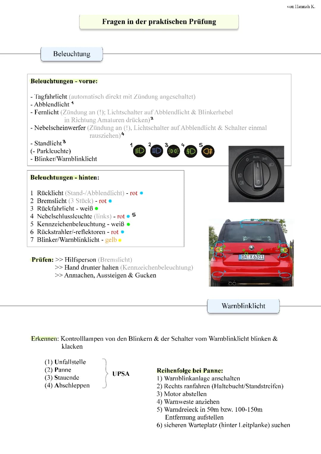Technische Fragen praktische Prüfung Klasse B 2024 - PDF, Beleuchtung, Kontrollleuchten, Fragen und Antworten